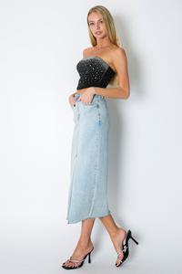 Light wash stretch denim rhinestone midi skirt #B