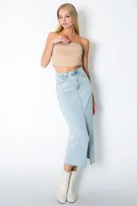Light wash stretch denim rhinestone midi skirt #B