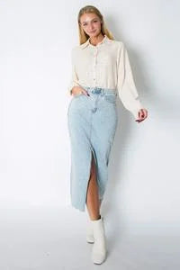Light wash stretch denim rhinestone midi skirt #B