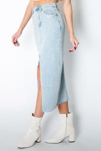 Light wash stretch denim rhinestone midi skirt #B