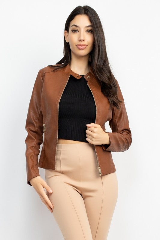 Aly Front Zip Faux Leather Racer Jacket Camel #41