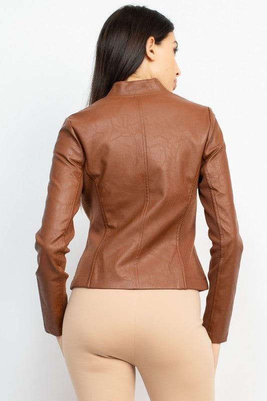 Aly Front Zip Faux Leather Racer Jacket Camel #41