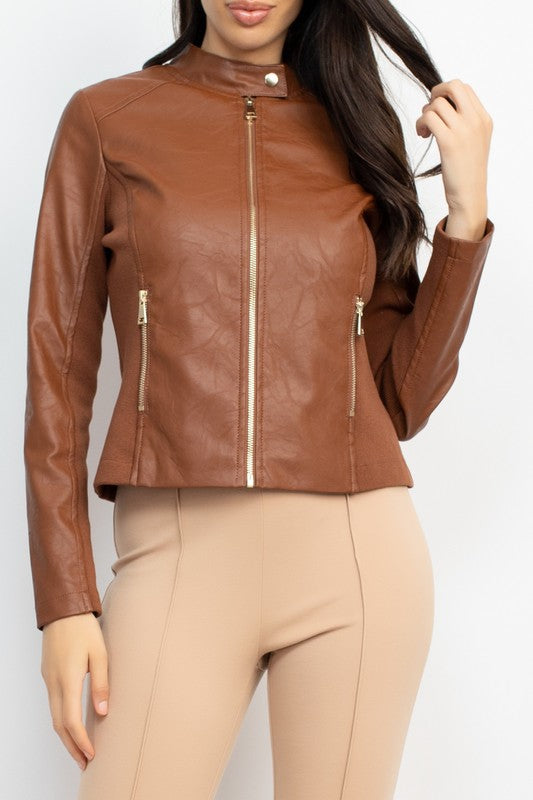 Aly Front Zip Faux Leather Racer Jacket Camel #41