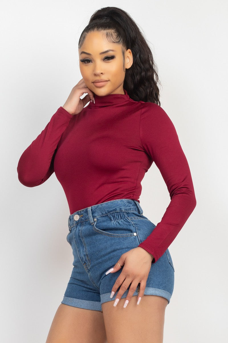 Mock Neck Solid Basic Top Burgundy #A