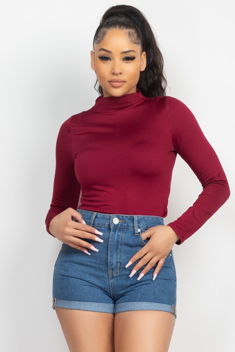 Mock Neck Solid Basic Top Burgundy #A
