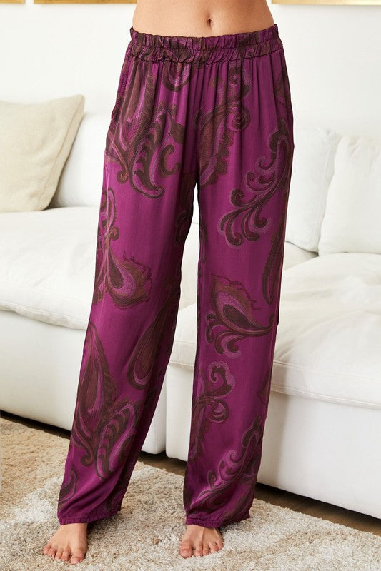 PERSY PRINT ELASTIC WAIST WIDE LEG PANTS #T