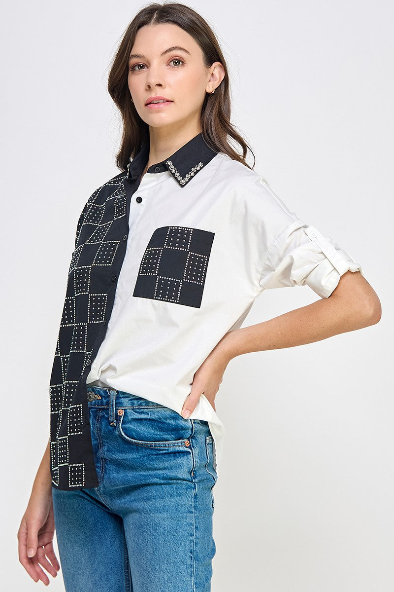 RHINESTONE DETAIL COLOR BLOCK SHIRT #A