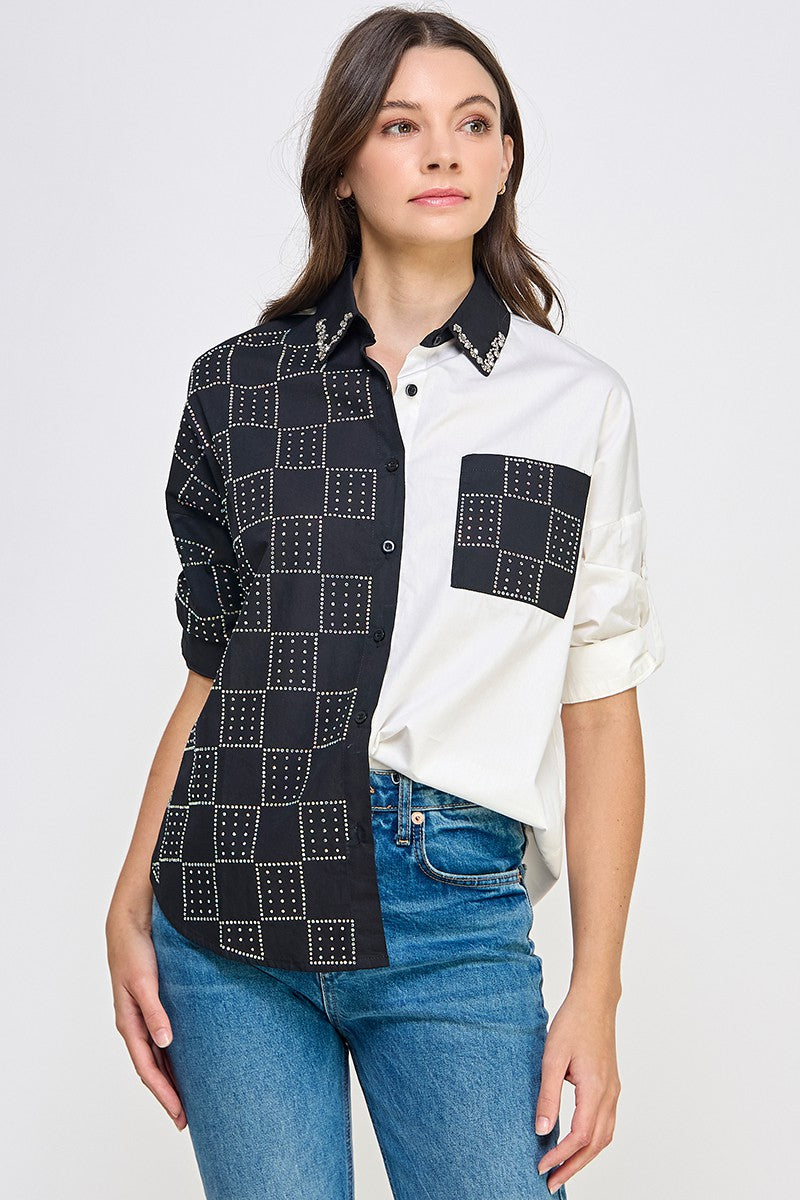 RHINESTONE DETAIL COLOR BLOCK SHIRT #A