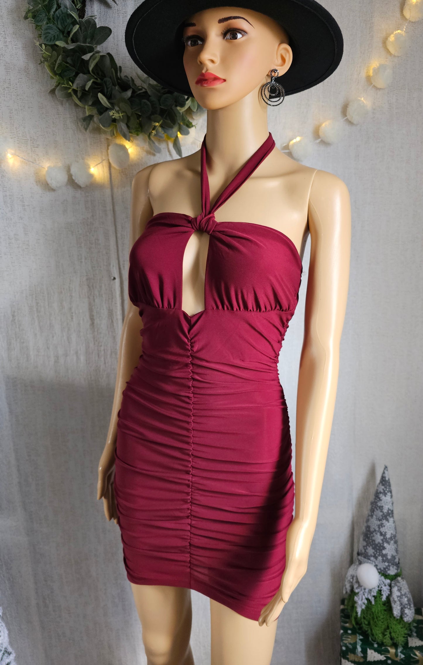 Lily Ruched sexy Dress Burgandy Halter #6