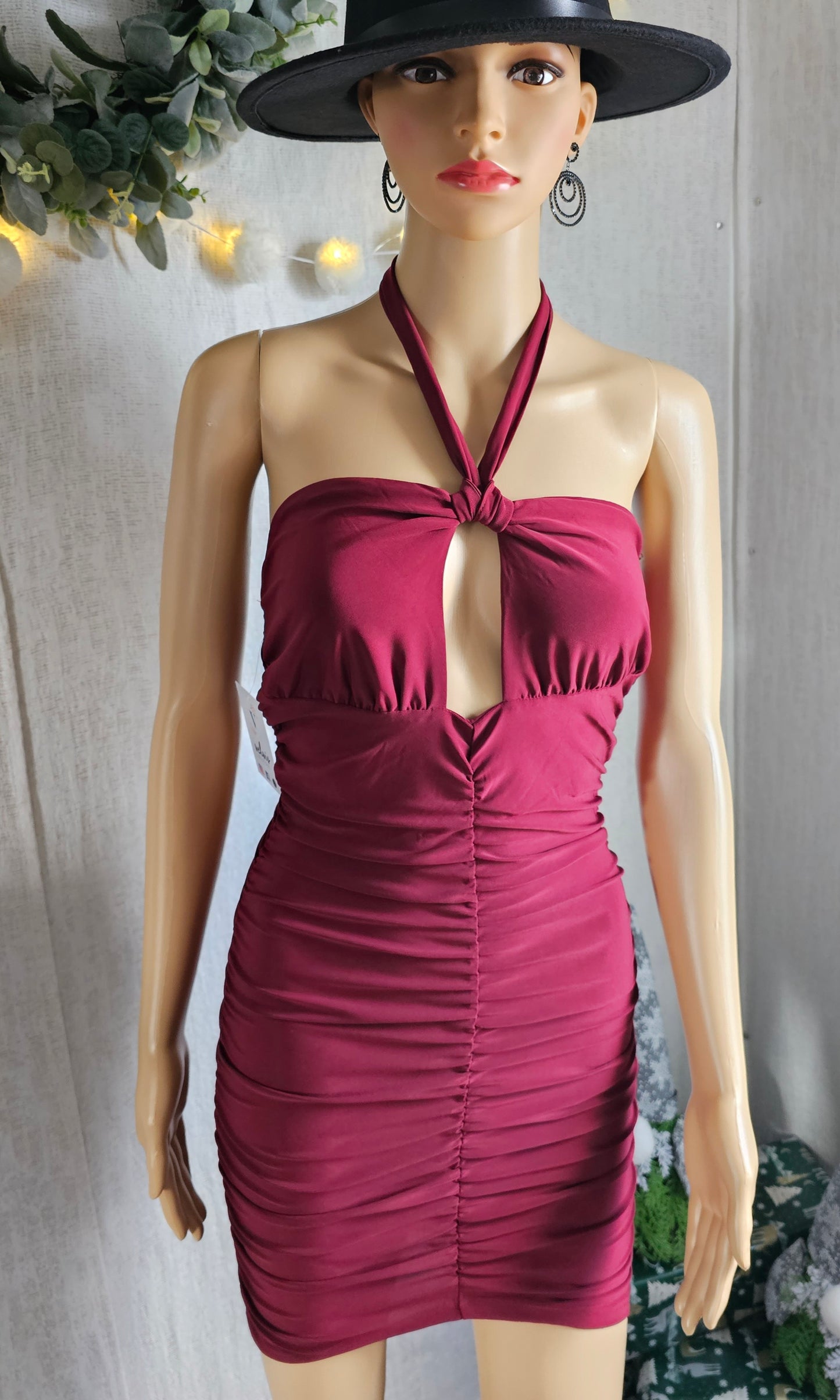 Lily Ruched sexy Dress Burgandy Halter #6