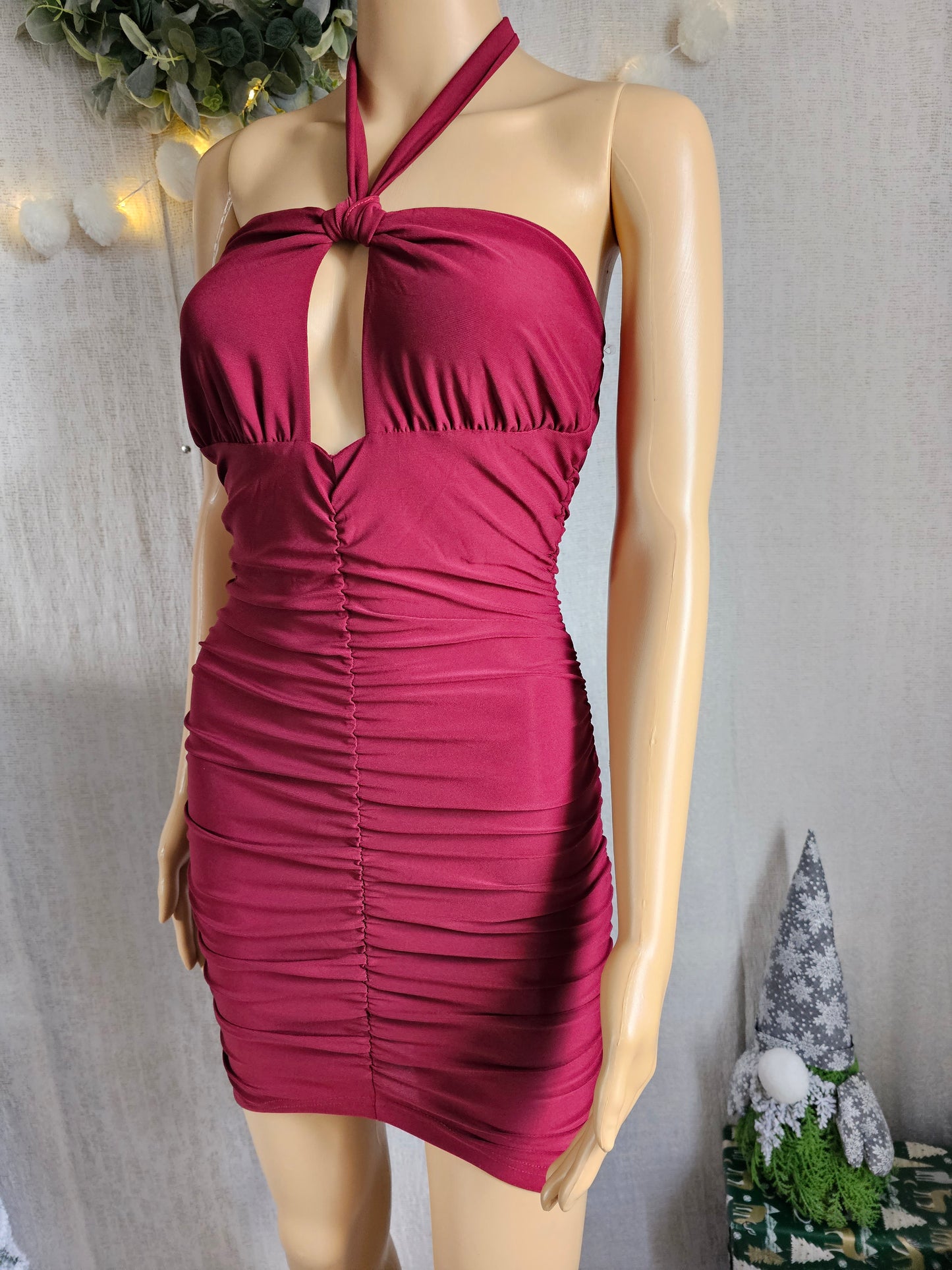 Lily Ruched sexy Dress Burgandy Halter #6