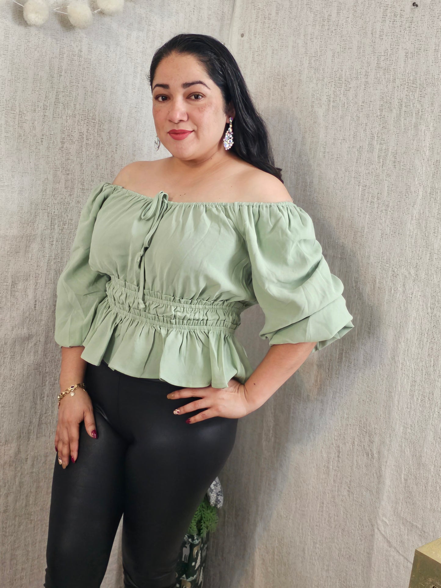 Blouse Bubble Sleeve and Elastic Waist,Blusa #T