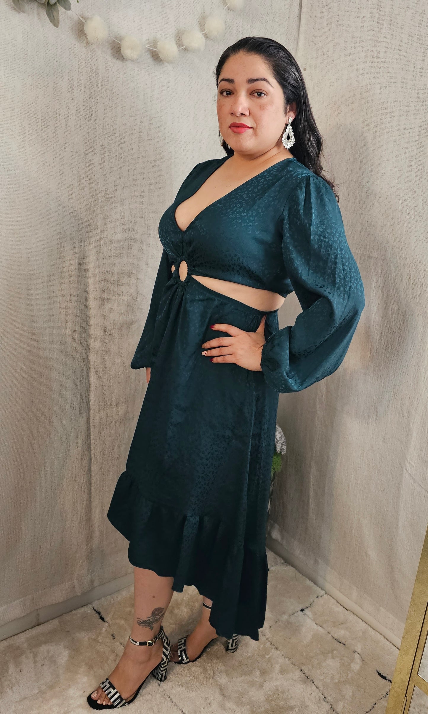 Emerald Leopard Satin Dress Asymmetric Long sleeve #6