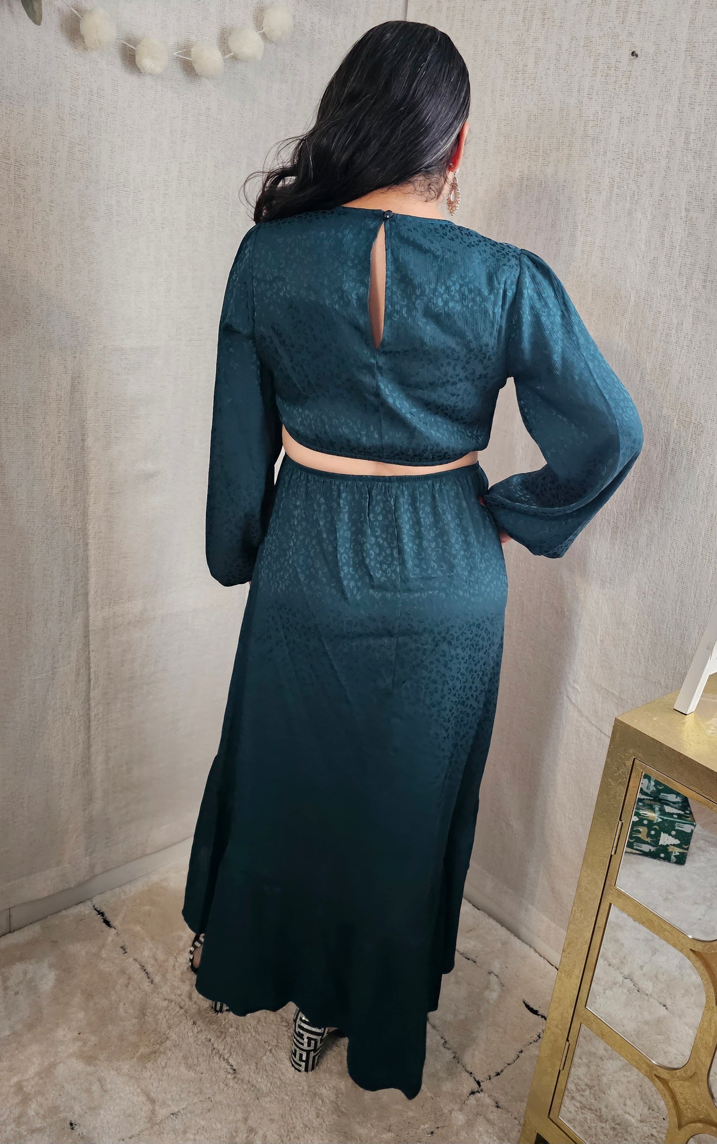 Emerald Leopard Satin Dress Asymmetric Long sleeve #6