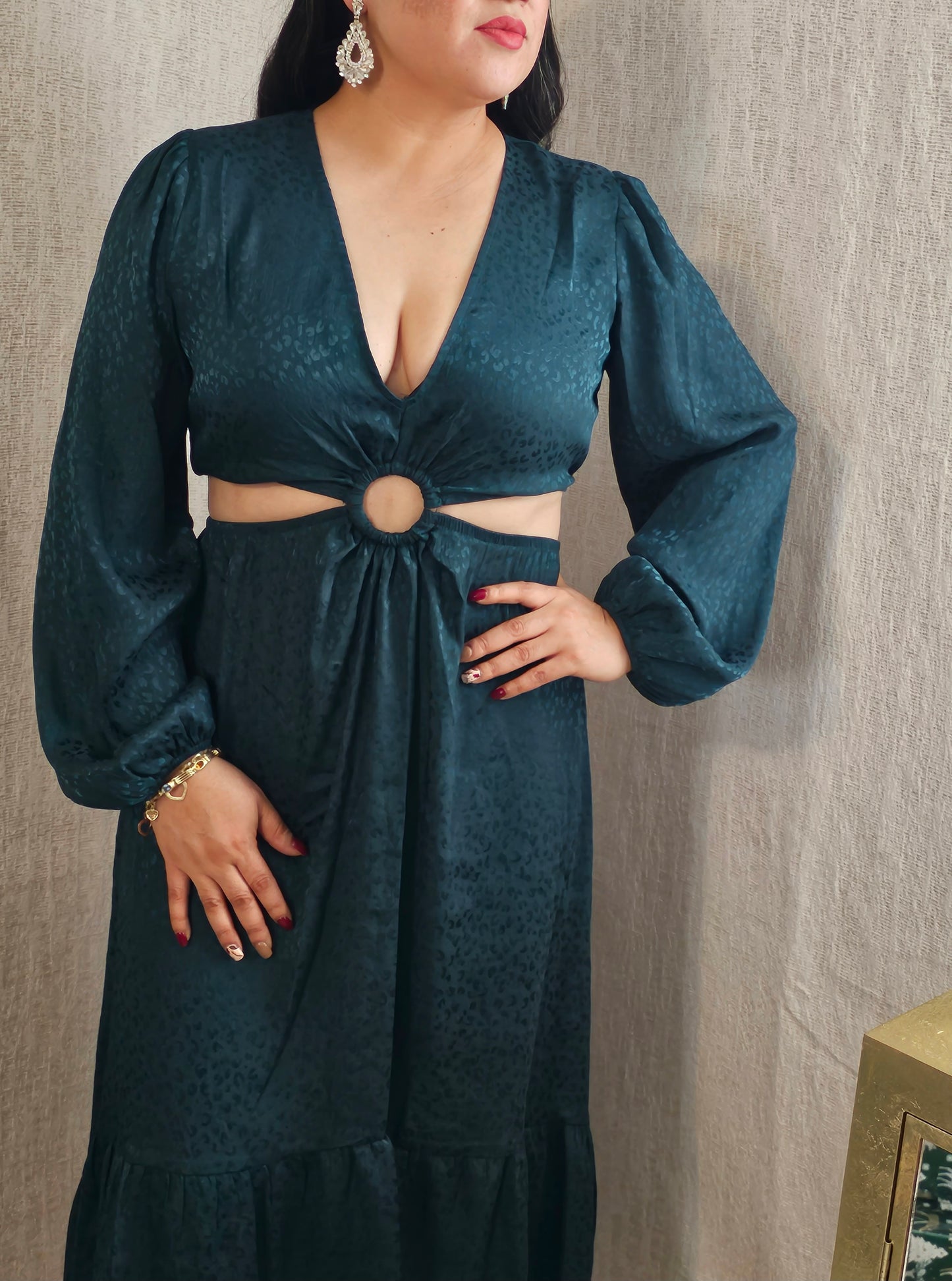 Emerald Leopard Satin Dress Asymmetric Long sleeve #6