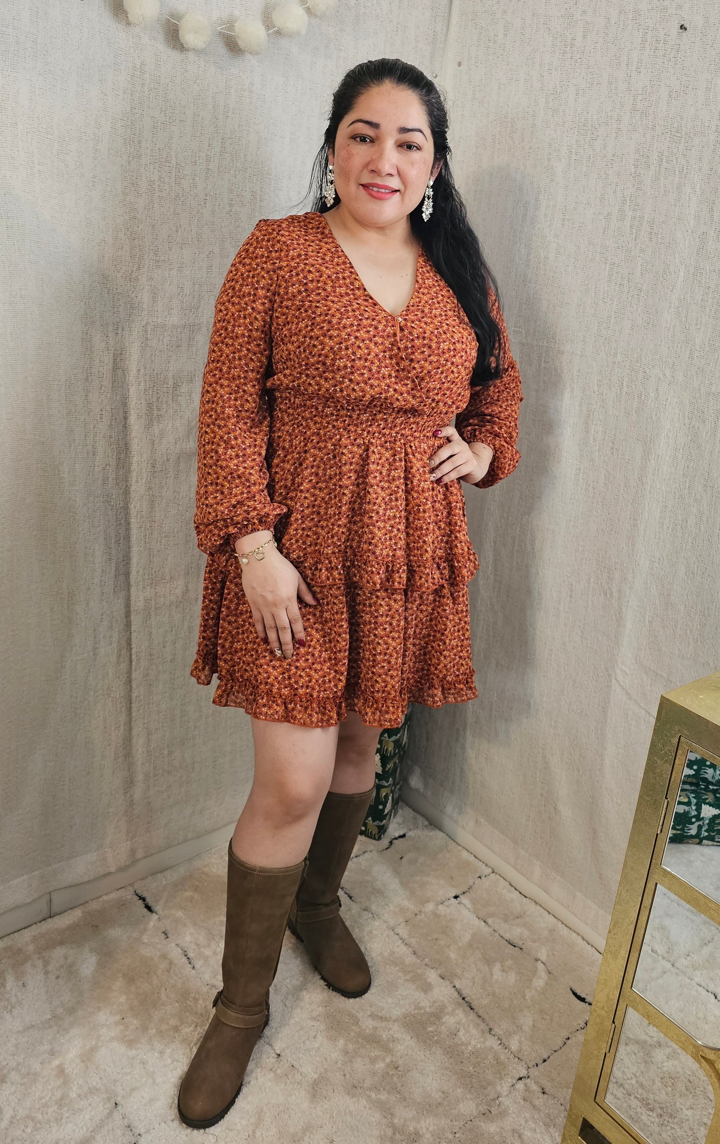Orange Flower pretty Long sleeve chiffon Tiered Dress #T