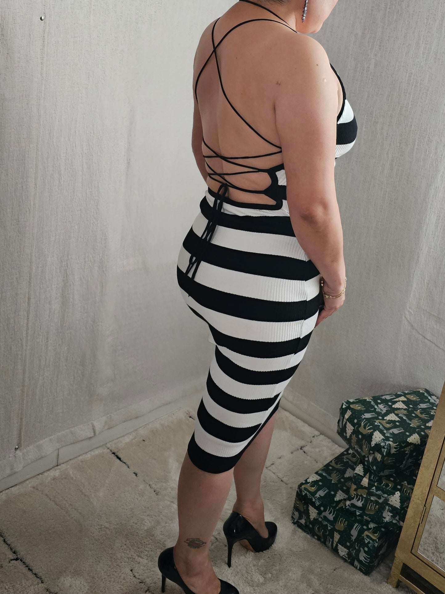 Sexy Stripe Knit Mini Dress open in the back #T
