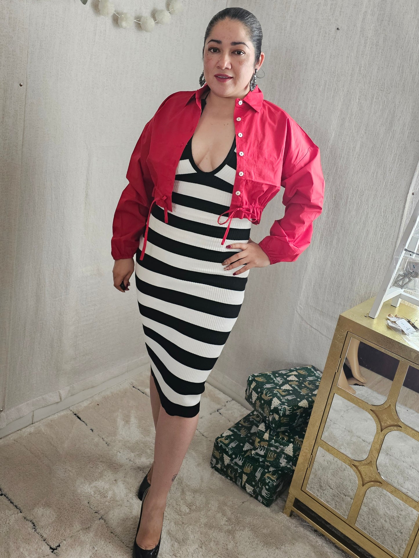 Sexy Stripe Knit Mini Dress open in the back #T
