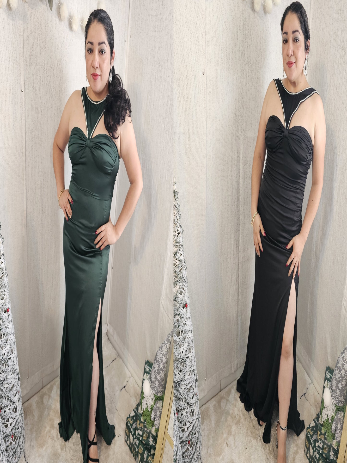 Sandy Maxi Dress Two colors Neckline Binding Satin # 12