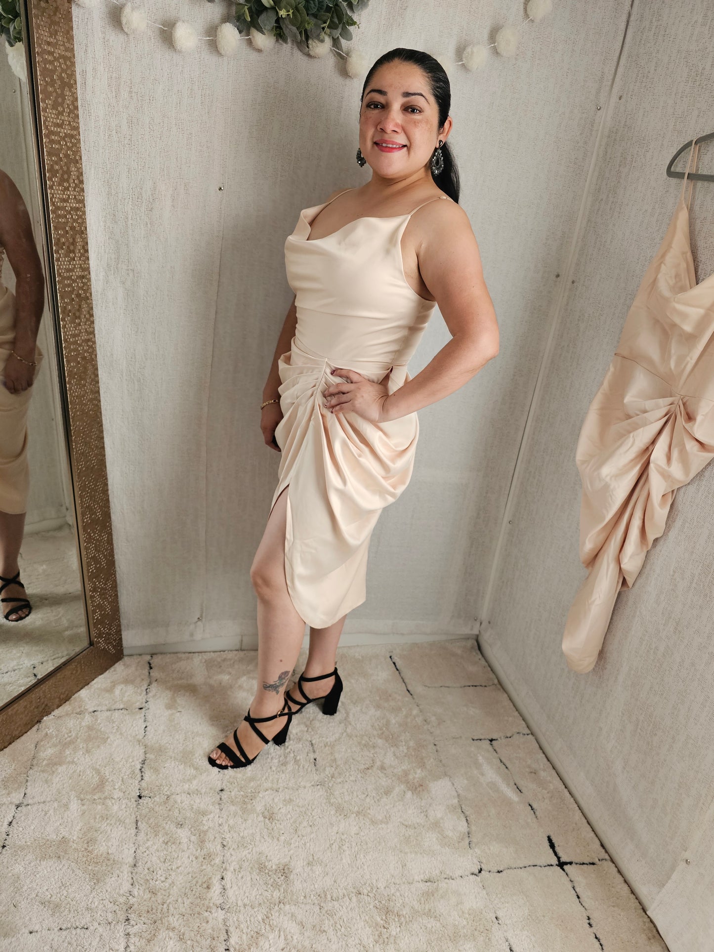 Ross Satin Beige Draped Midi Dress #F