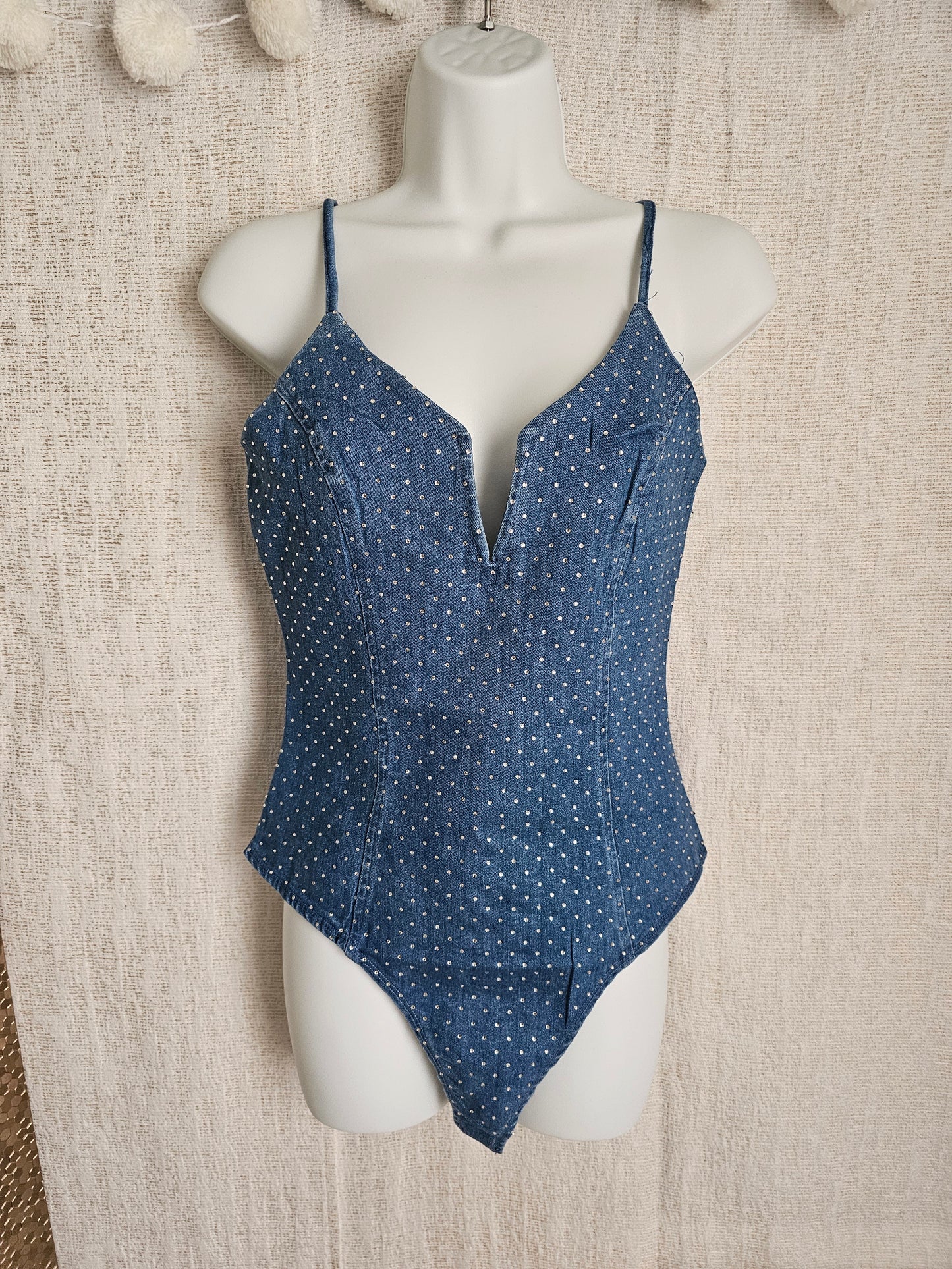 DENIM BODYSUITS RHINESTONE EMBELLISHED#D1