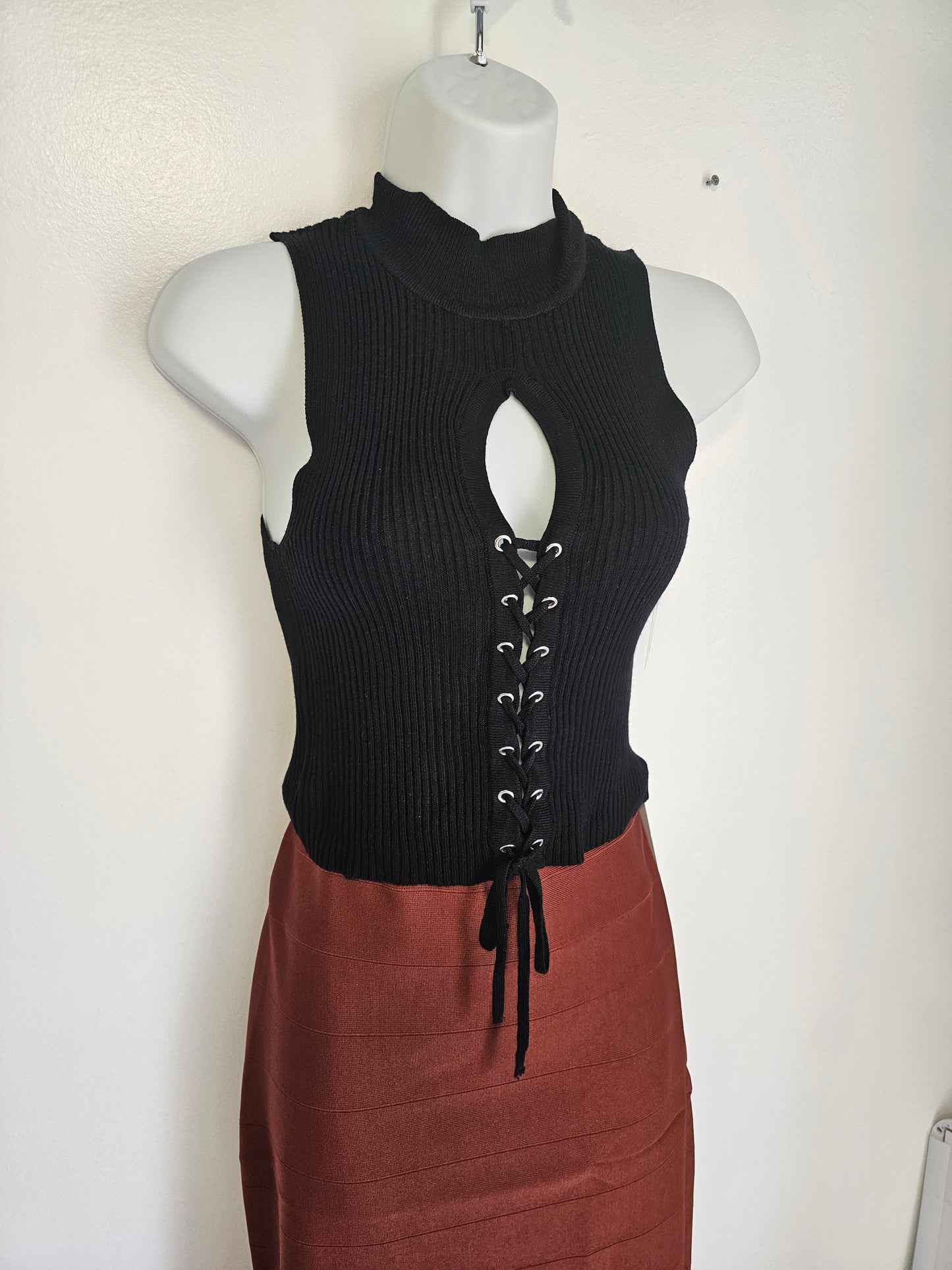 Black Mock Neck Ribbed Cut-Out Top #A