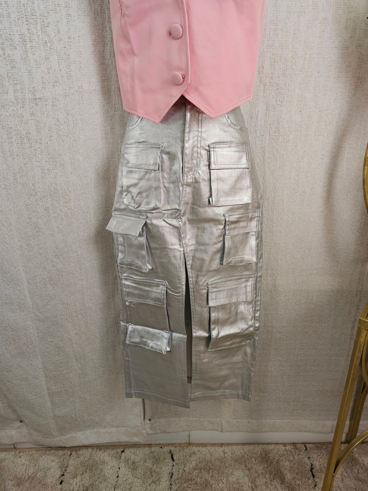 Silver Metallic Cargo skirt #B