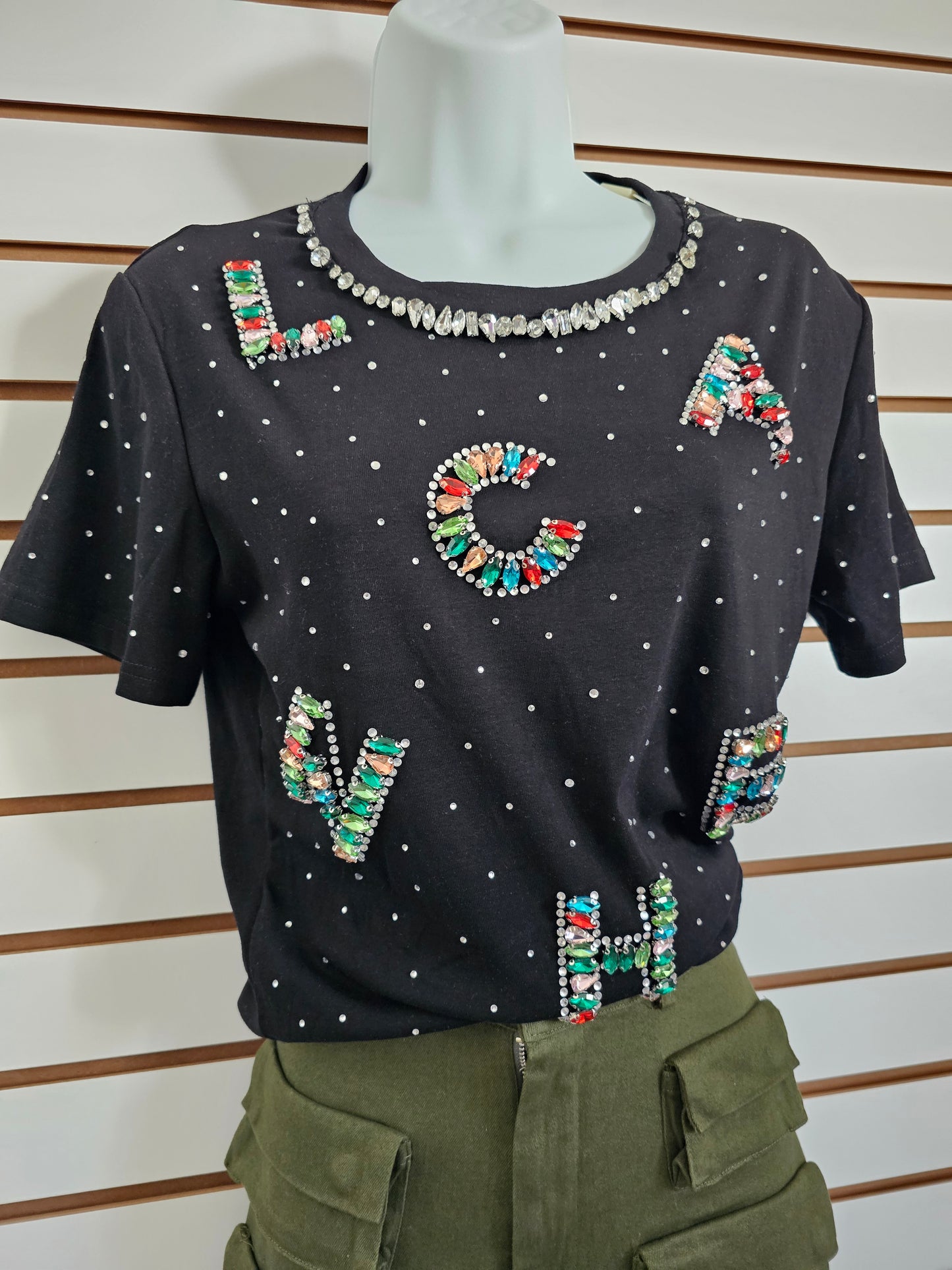 Rainbow Black T-shirt Rhinestone Colors #T