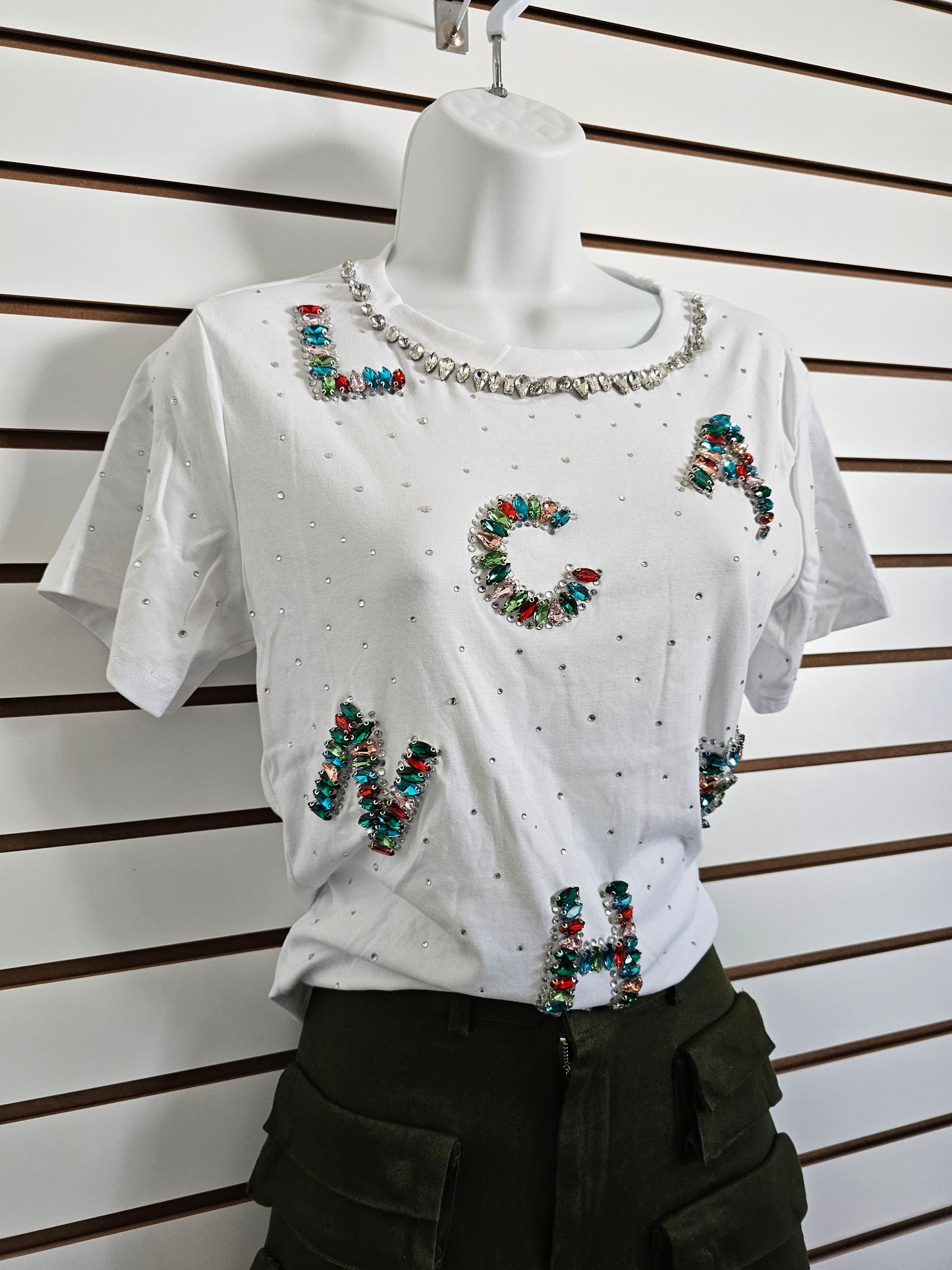 Rainbow Letter White T-shirt Rhinestone Colors #T