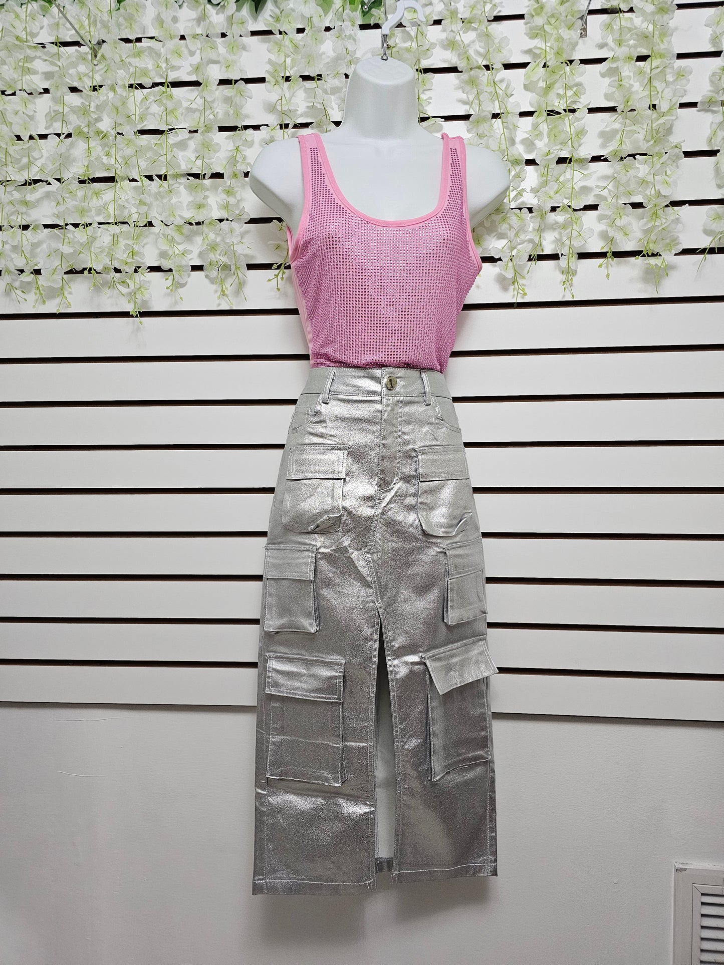 Silver Metallic Cargo skirt #B