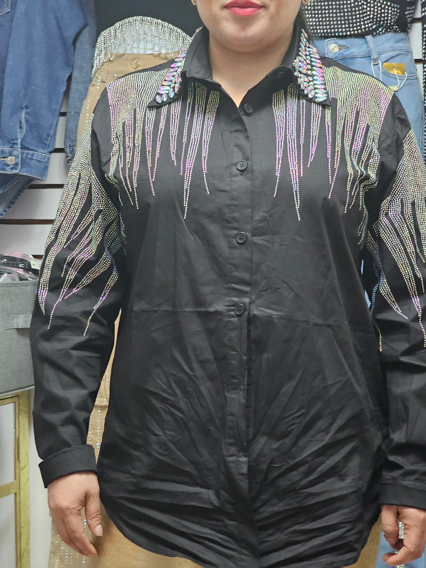 Black country shiny rhinestones Long-sleeved #A