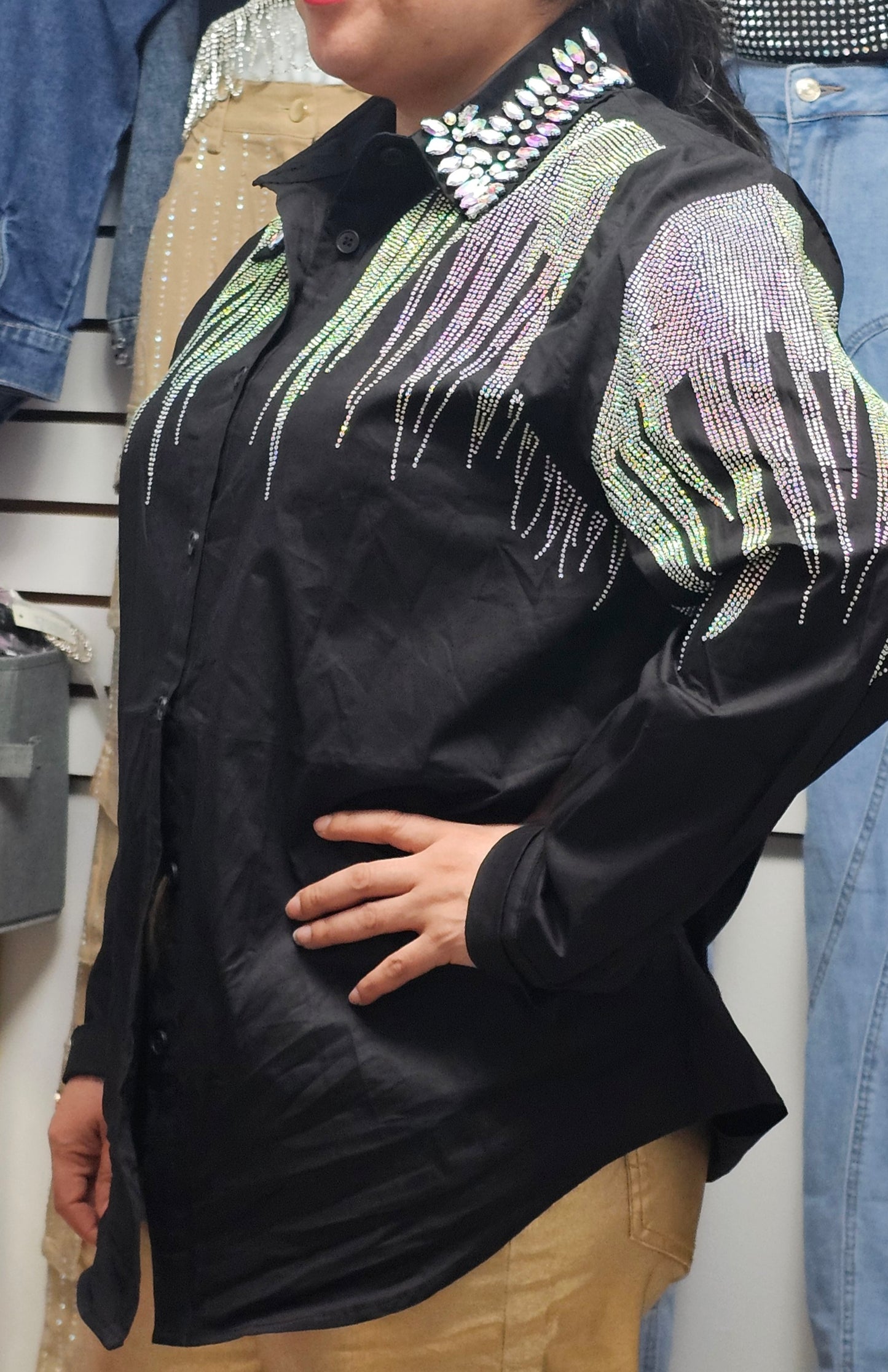 Black country shiny rhinestones Long-sleeved #A