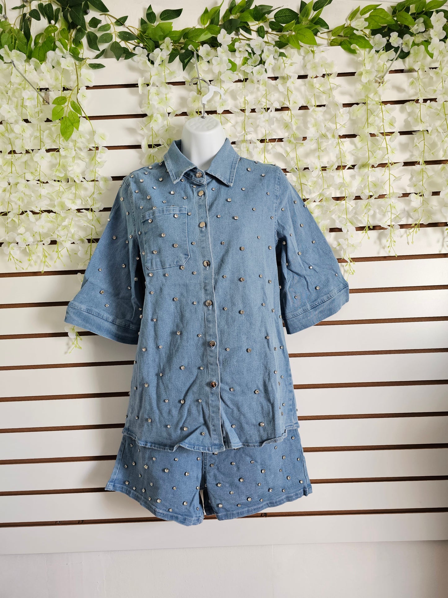 Blue Rhinestone Denim Short Stretching Set #A