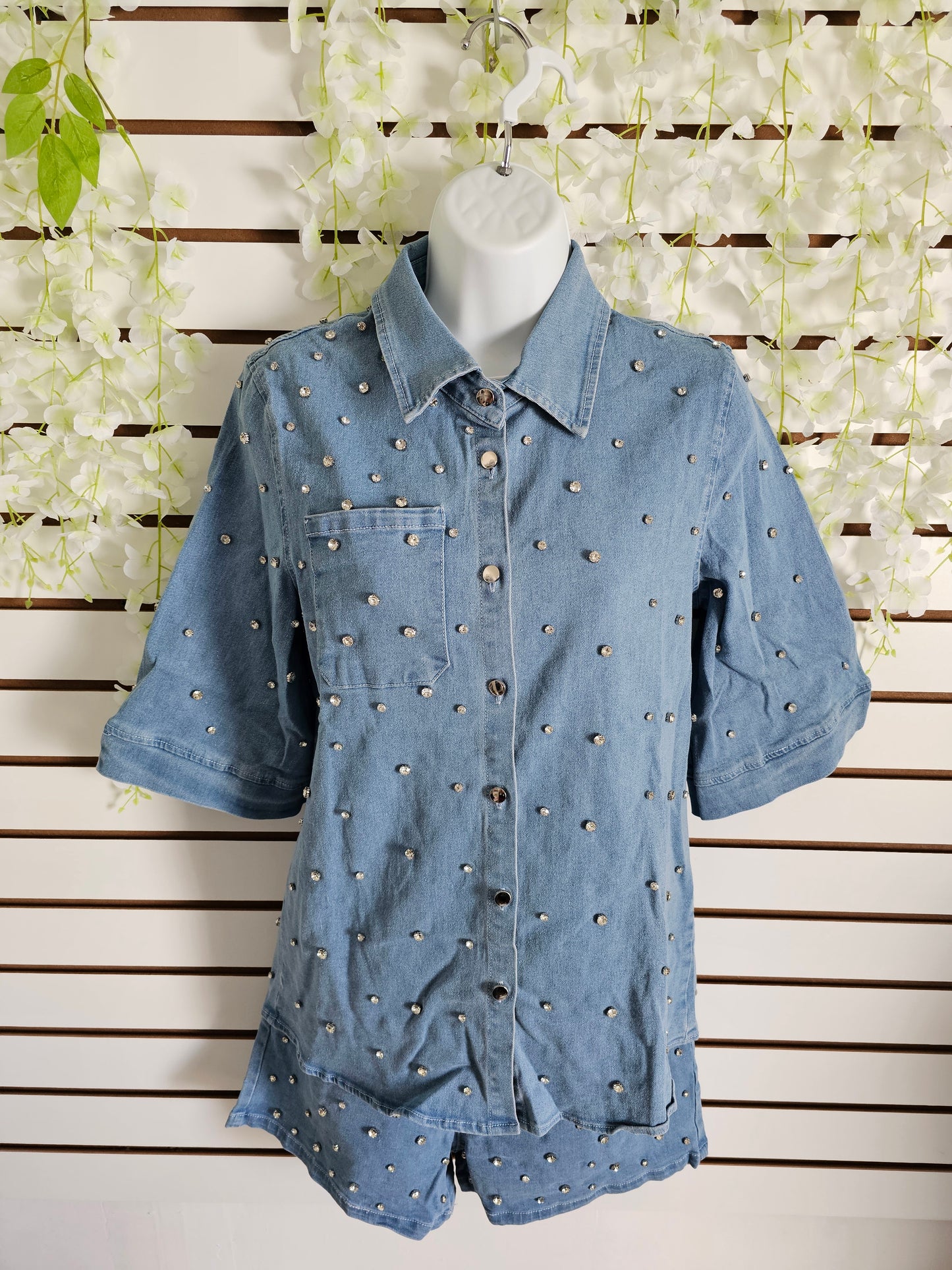 Blue Rhinestone Denim Short Stretching Set #A