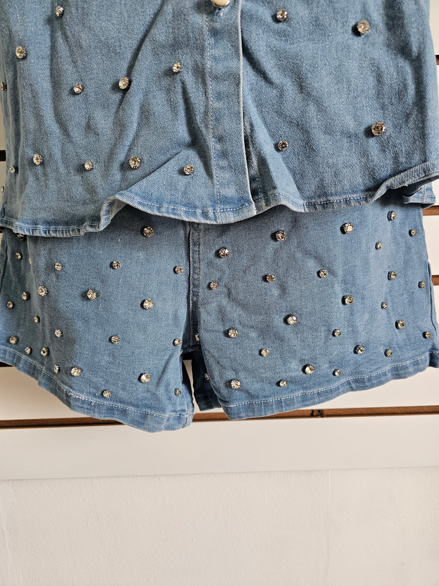 Blue Rhinestone Denim Short Stretching Set #A