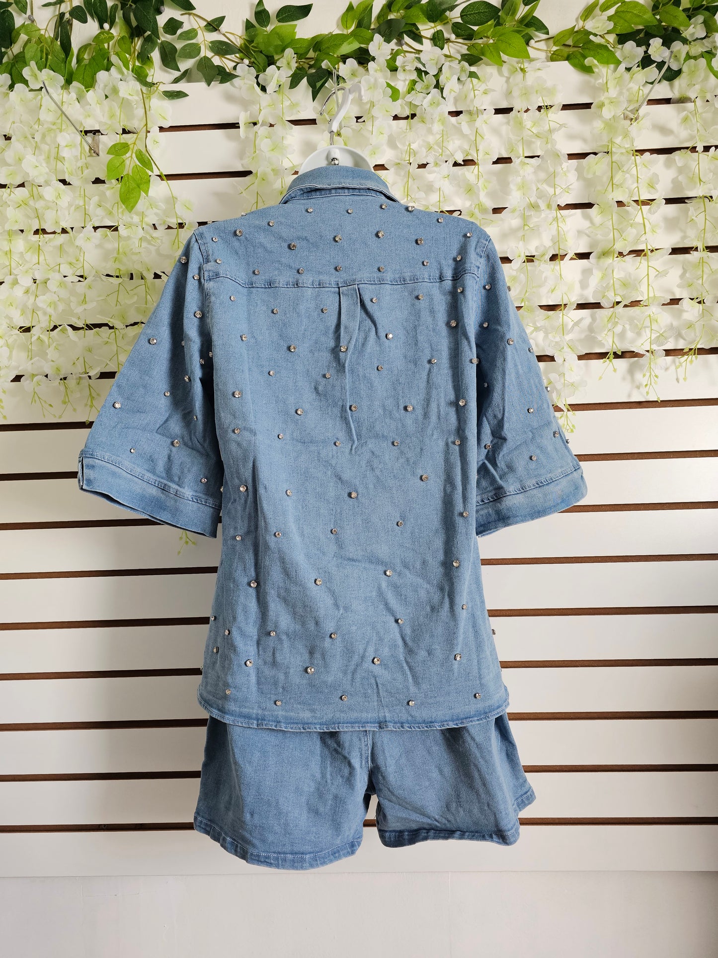 Blue Rhinestone Denim Short Stretching Set #A