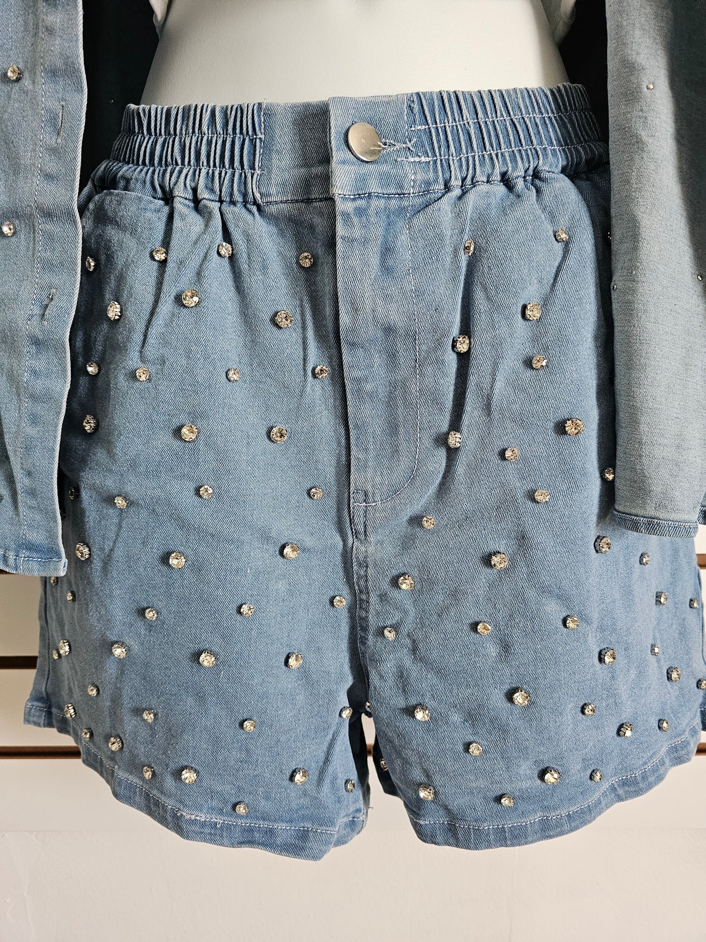 Blue Rhinestone Denim Short Stretching Set #A