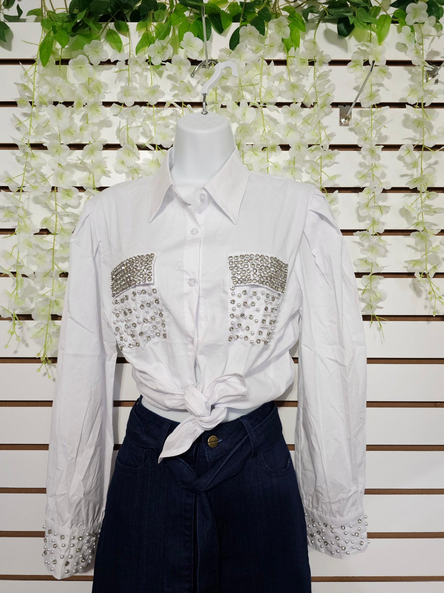 Snow Long-sleeved white Blouse rhinestone #A