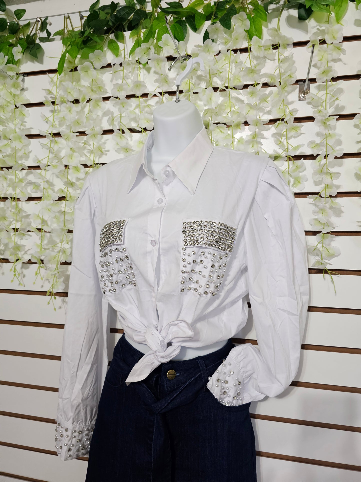 Snow Long-sleeved white Blouse rhinestone #A