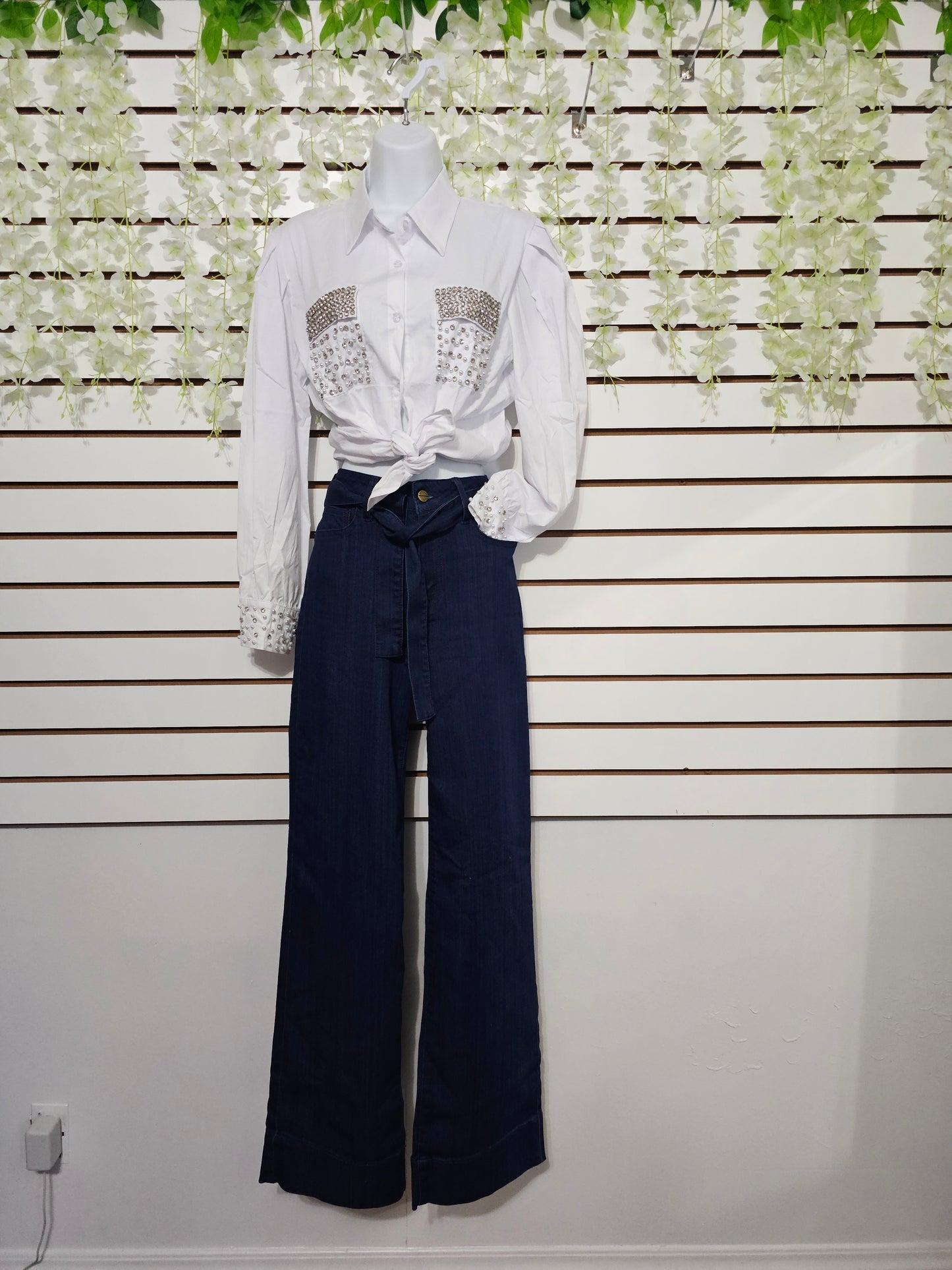 Snow Long-sleeved white Blouse rhinestone #A