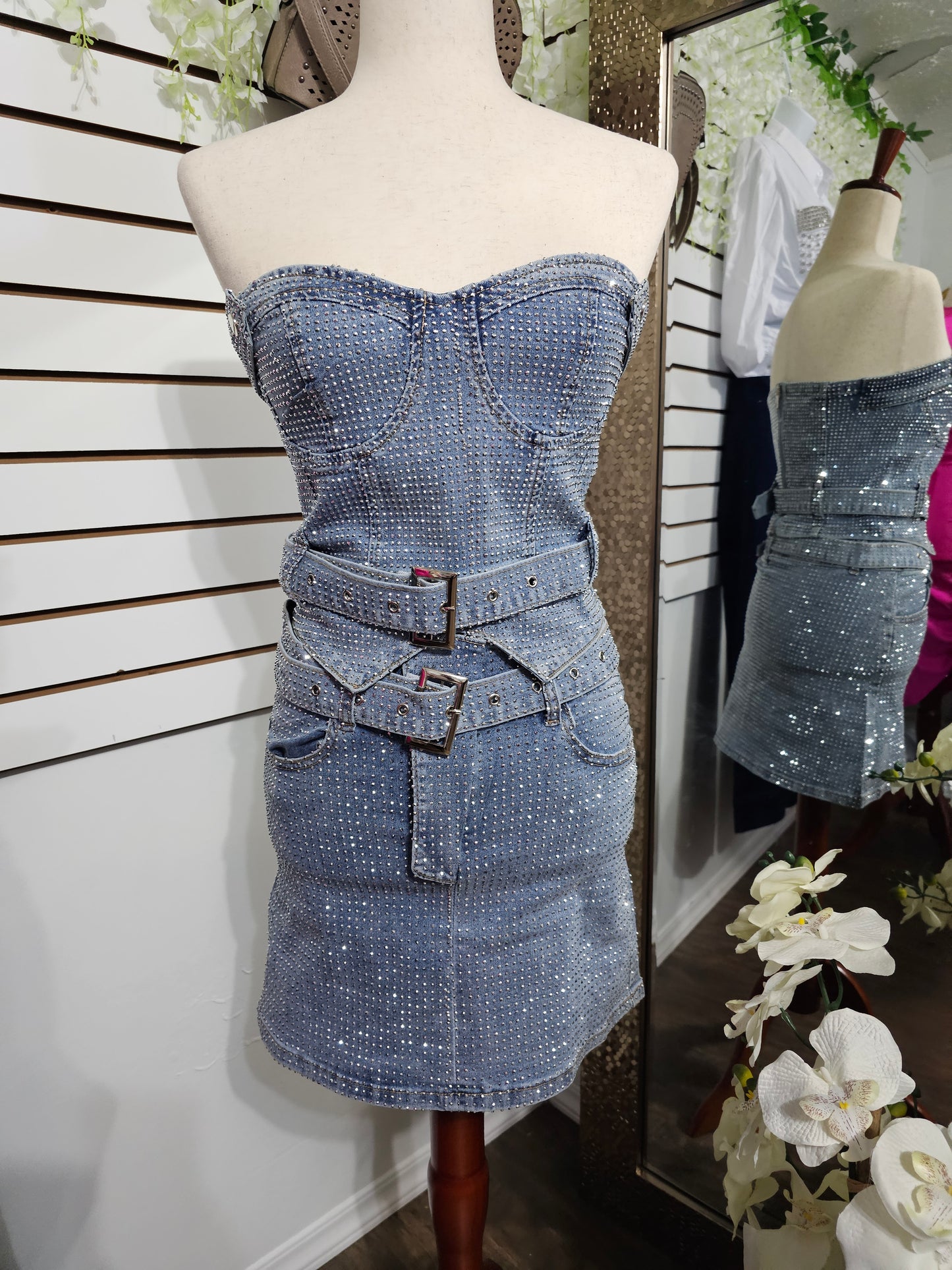 Briana Country women Skirt Set Denim with Rhinestone #A