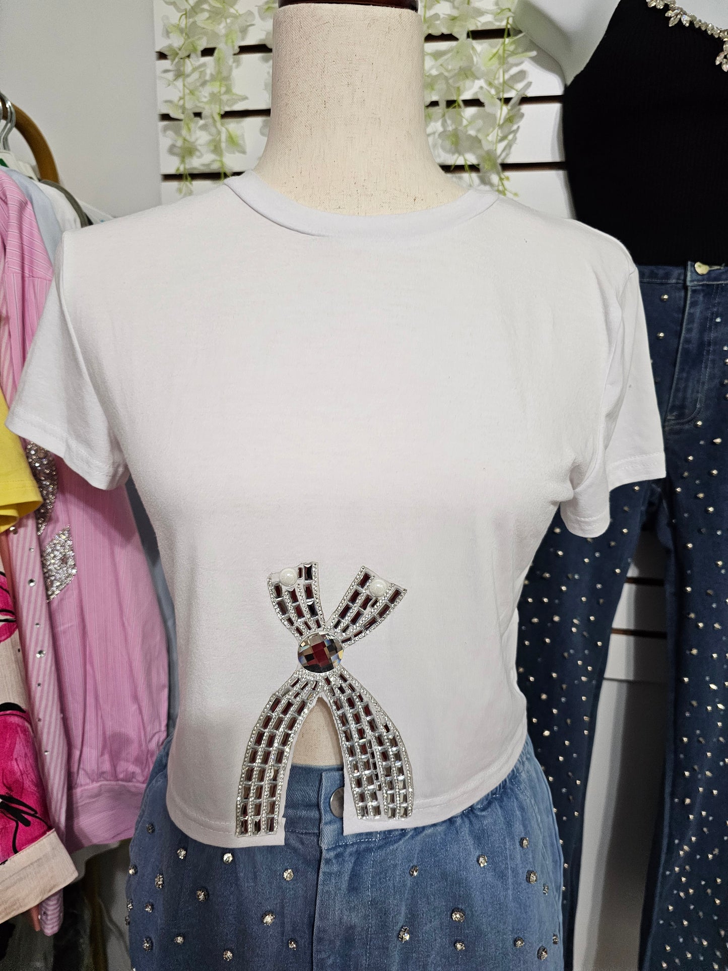 Monica top White crop blouse rhinestone