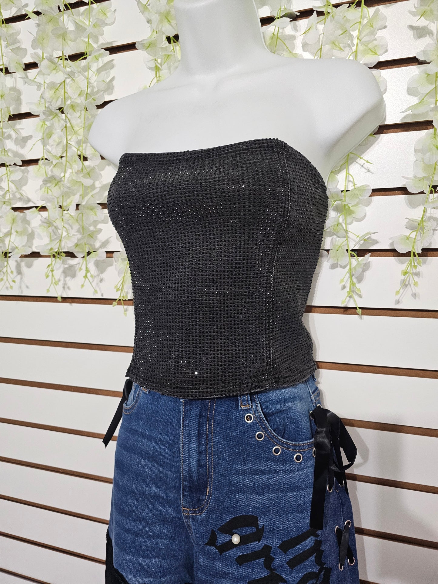 LADIES TOP BLACK RHINESTONE STRAPLESS #A