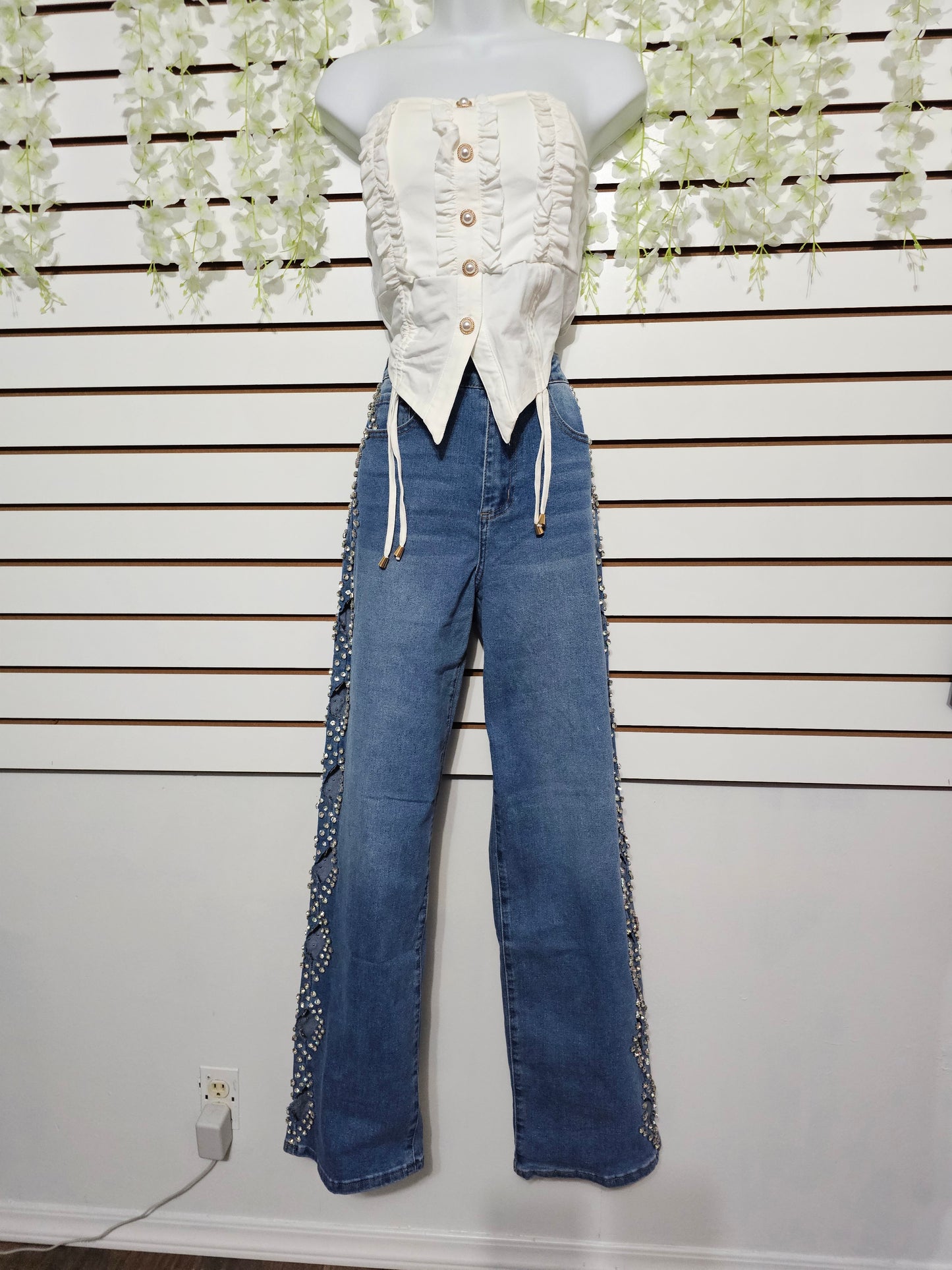 Sarai Denim Rhinestone Jeans open side #B