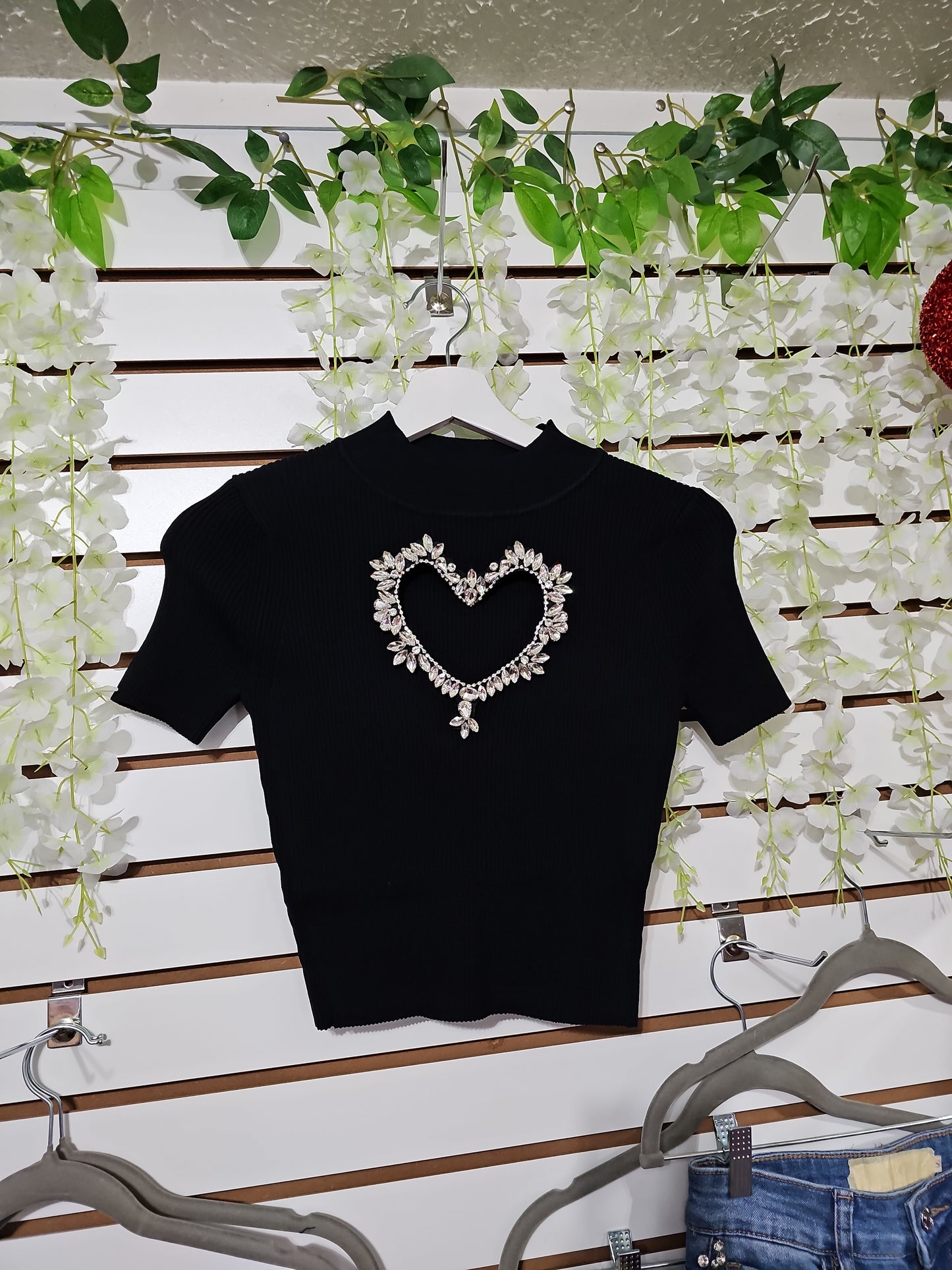 Shiny Heart Rhinestone Top Blouse stretch #A