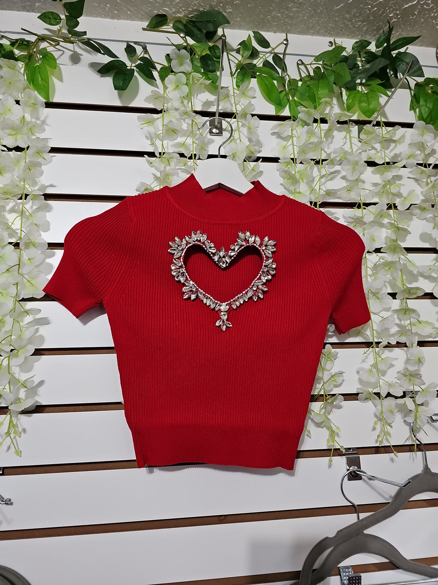 Shiny Heart Rhinestone Top Blouse stretch #A