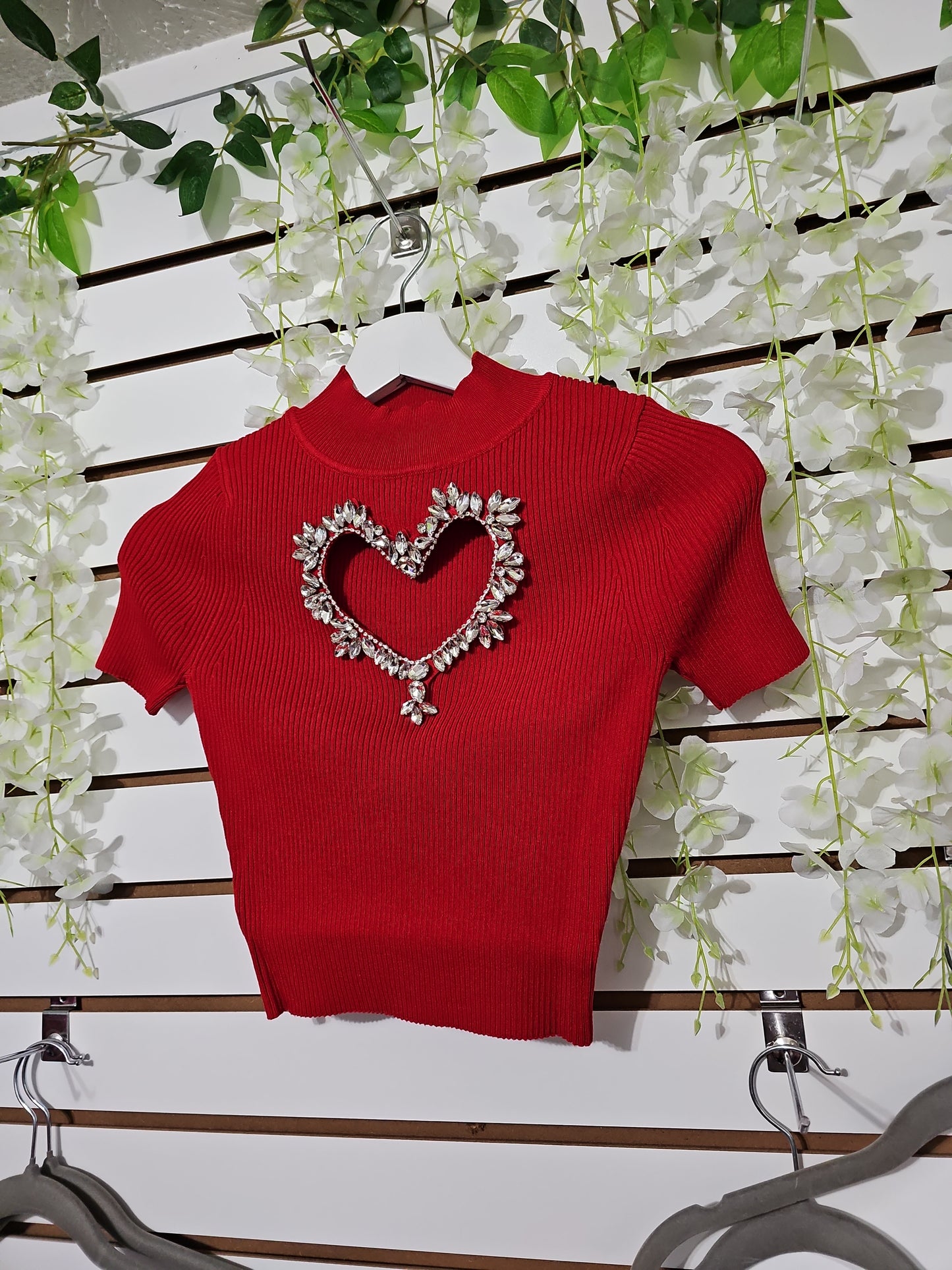Shiny Heart Rhinestone Top Blouse stretch #A