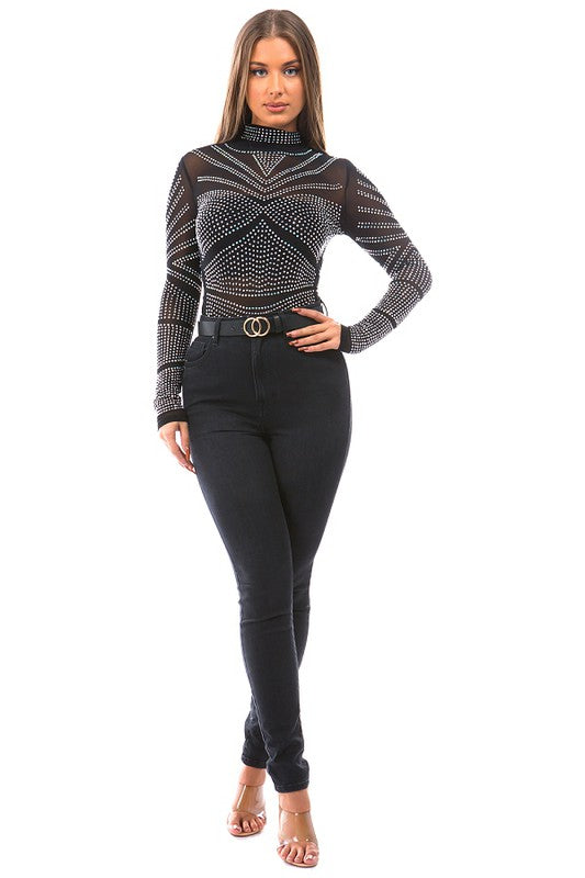 MERA MESH & MULTI COLOR RHINESTONE BODYSUIT #A