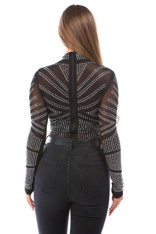 MERA MESH & MULTI COLOR RHINESTONE BODYSUIT #A
