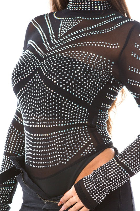 MERA MESH & MULTI COLOR RHINESTONE BODYSUIT #A